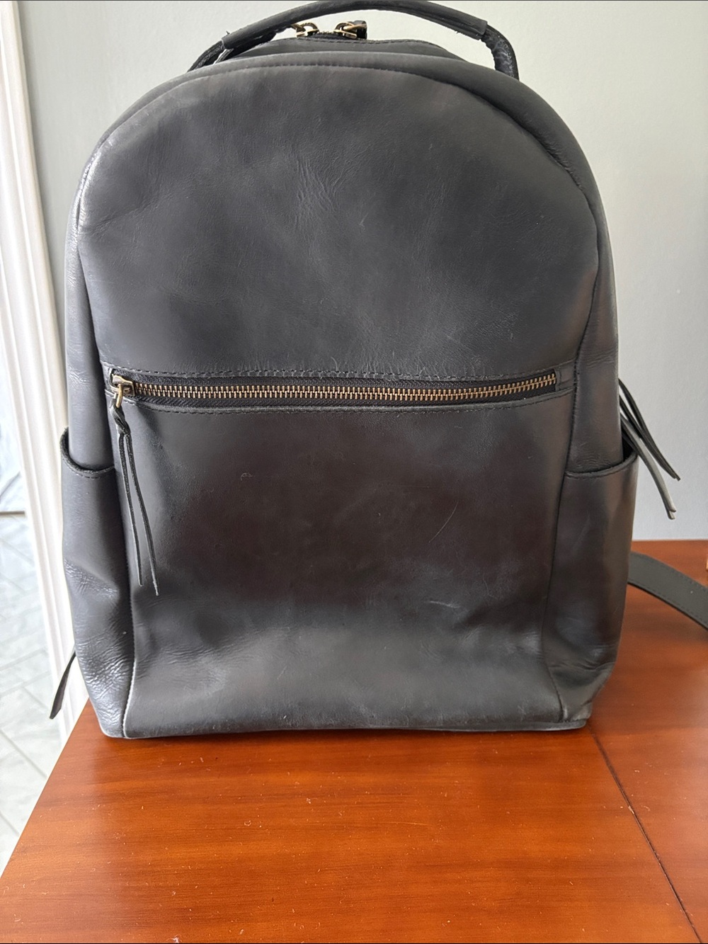 Able Black Leather Women's Backpack with Gold Zipper